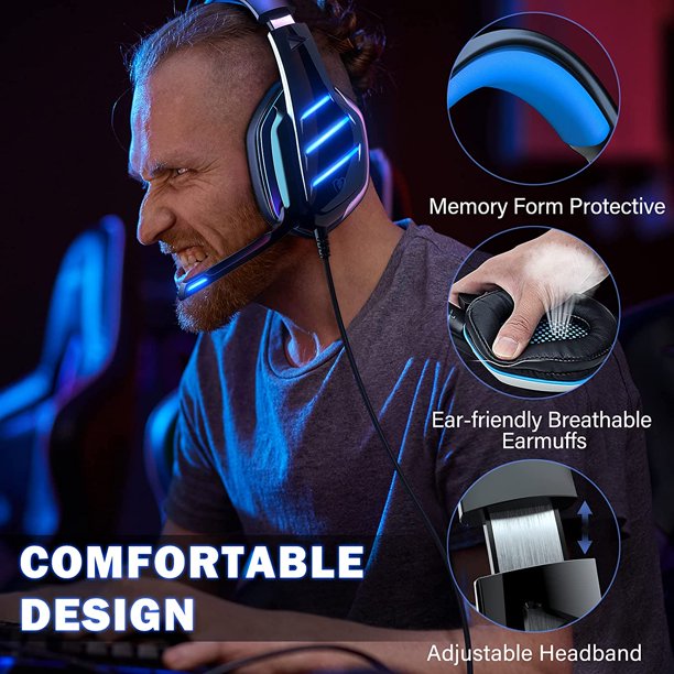 Beexcellent Gaming Headset for PS4 PS5 Switch Xbox One PC with RGB Light, Noise Canceling Mic, Surround Sound Gaming Headphones (Black Blue)