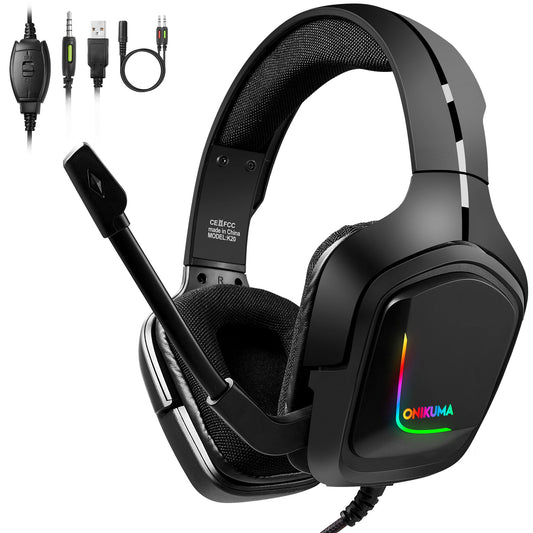 Gaming Headset with Mic for Xbox One, PS4, Switch and PC, Surround Sound Over-Ear Gaming Headphones with Noise Cancelling Mic, RGB Lights, Volume Control for Smart Phone, Laptops, Mac, iPad